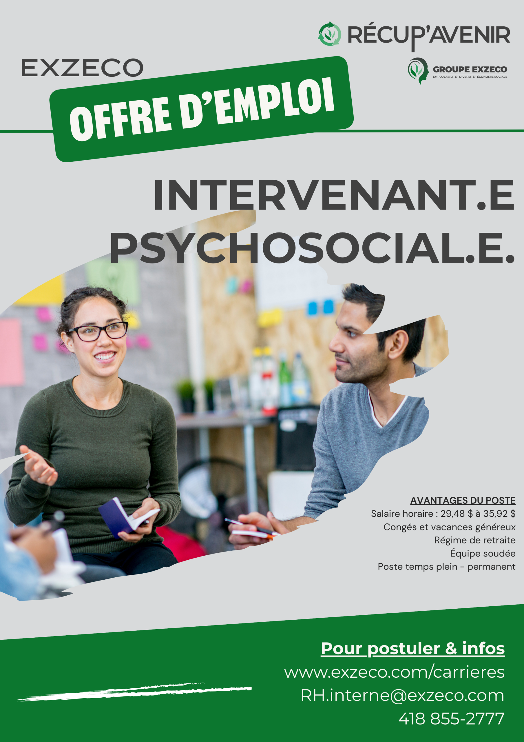 Offre d’emploi – Intervenant·e psychosocial·e chez Exzeco – Récup’Avenir